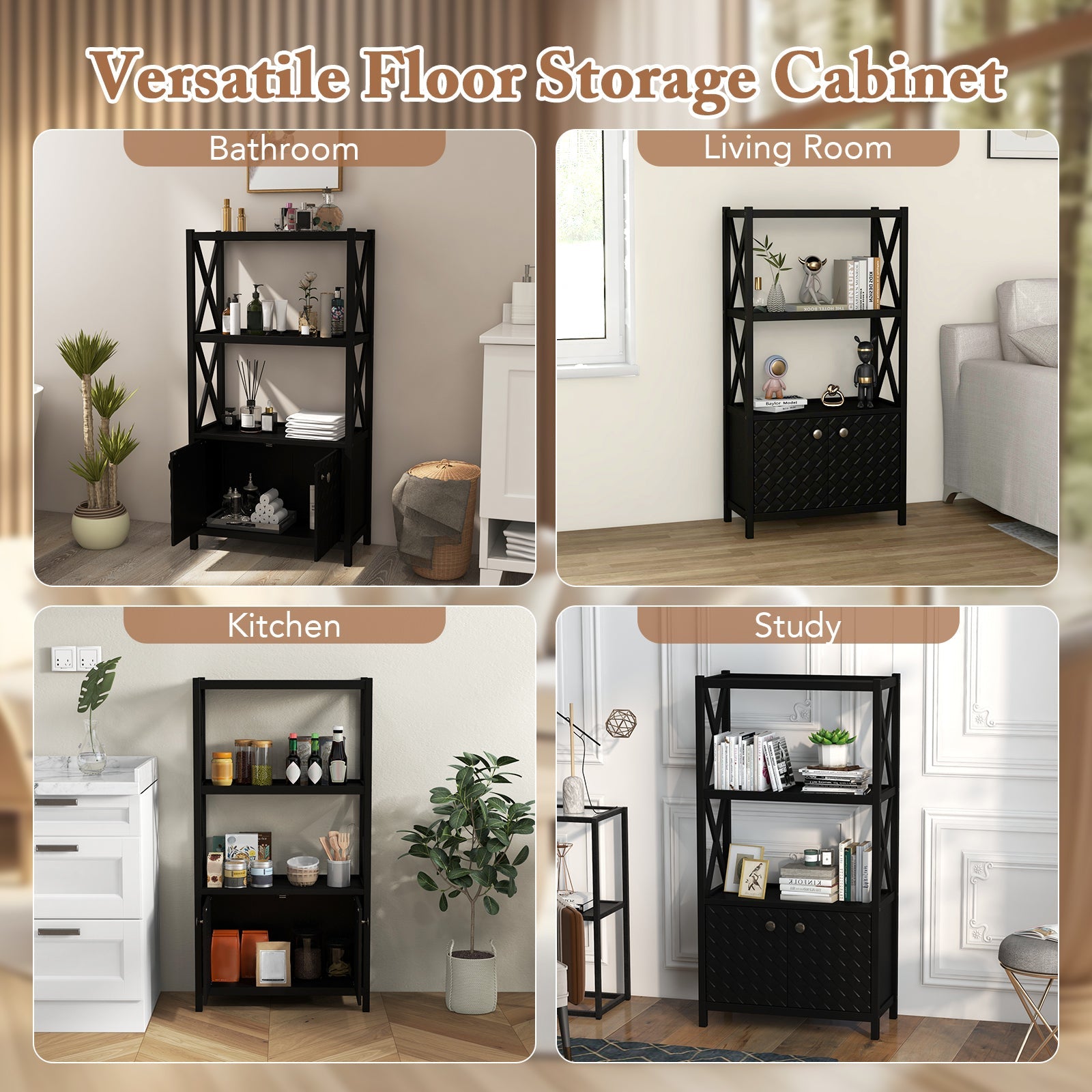 Bathroom Storage Cabinet — Open Shelves & Double Doors, Rubber Wood Frame