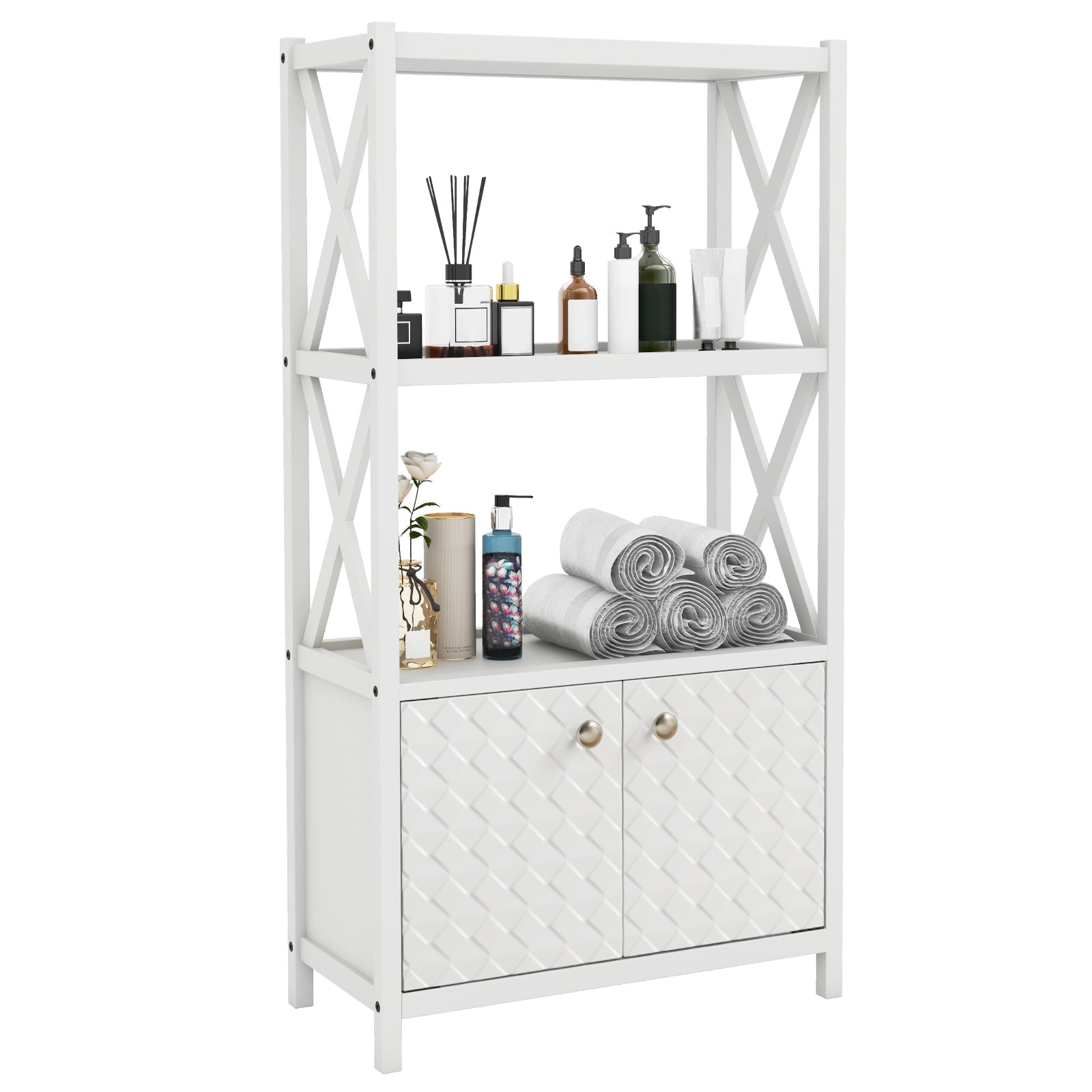 Bathroom Storage Cabinet — Open Shelves & Double Doors, Rubber Wood Frame