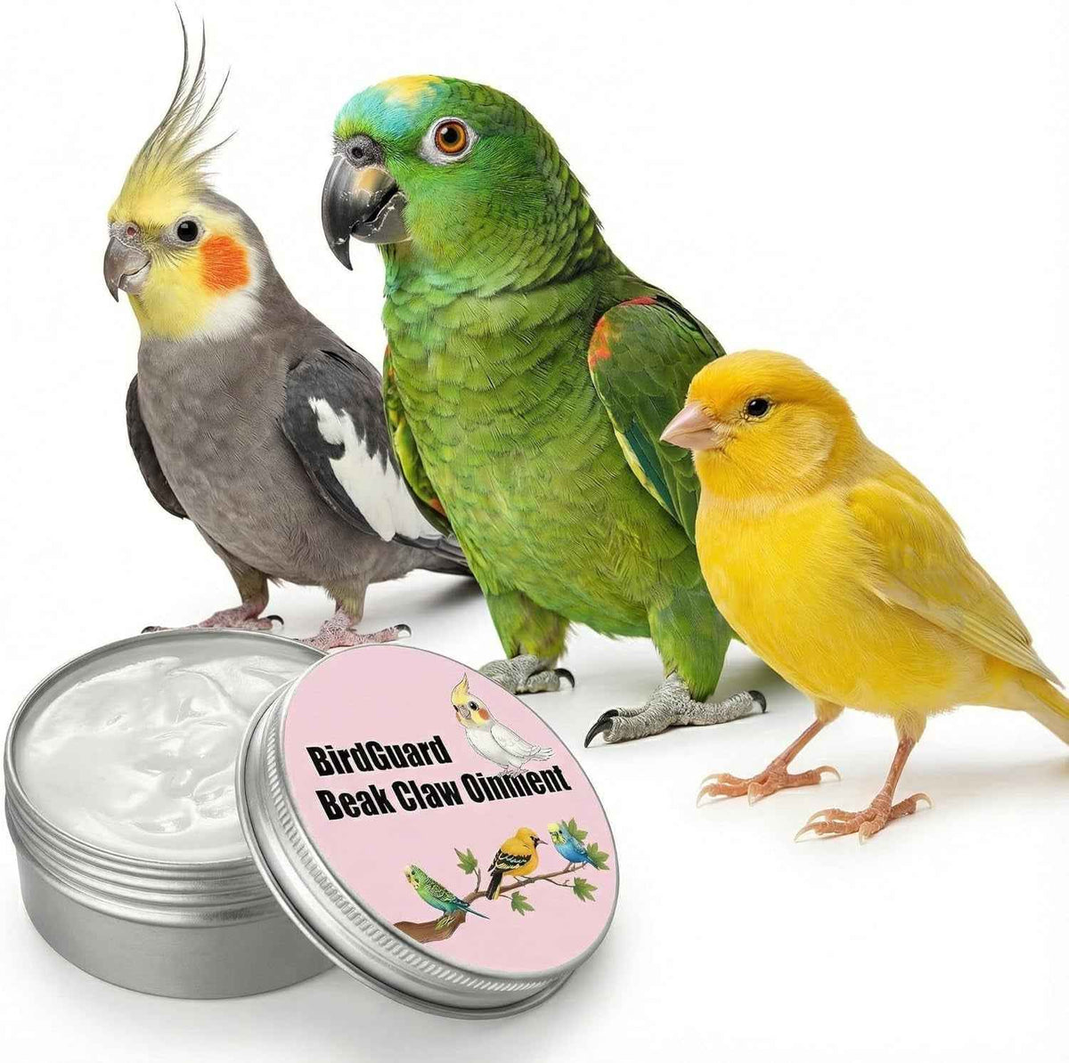 Open BirdGuard Beak Claw Ointment tin with a pink lid beside a cockatiel, green parrot and yellow canary