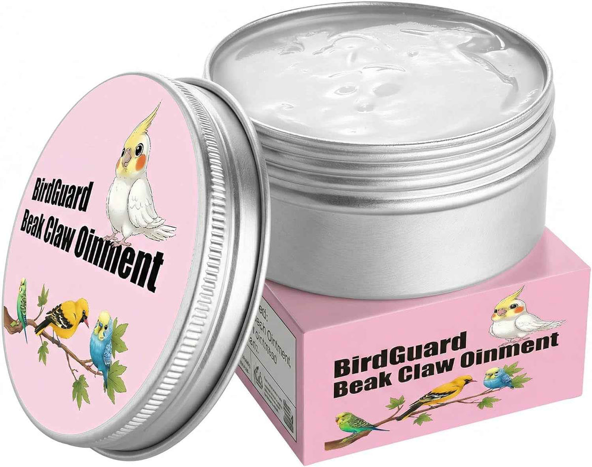 Close-up of white BirdGuard balm in an open silver tin on its pink retail box, with the labeled lid alongside