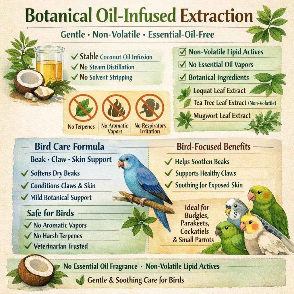 BirdGuard botanical formula infographic describing coconut-oil infusion, leaf extracts and bird-care claims