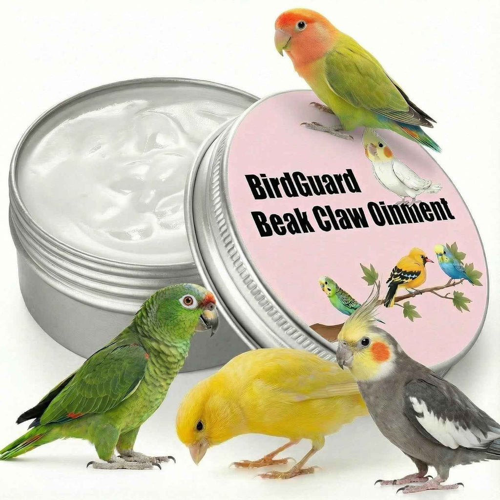 BirdGuard Beak Claw Ointment container with birds around on a white background