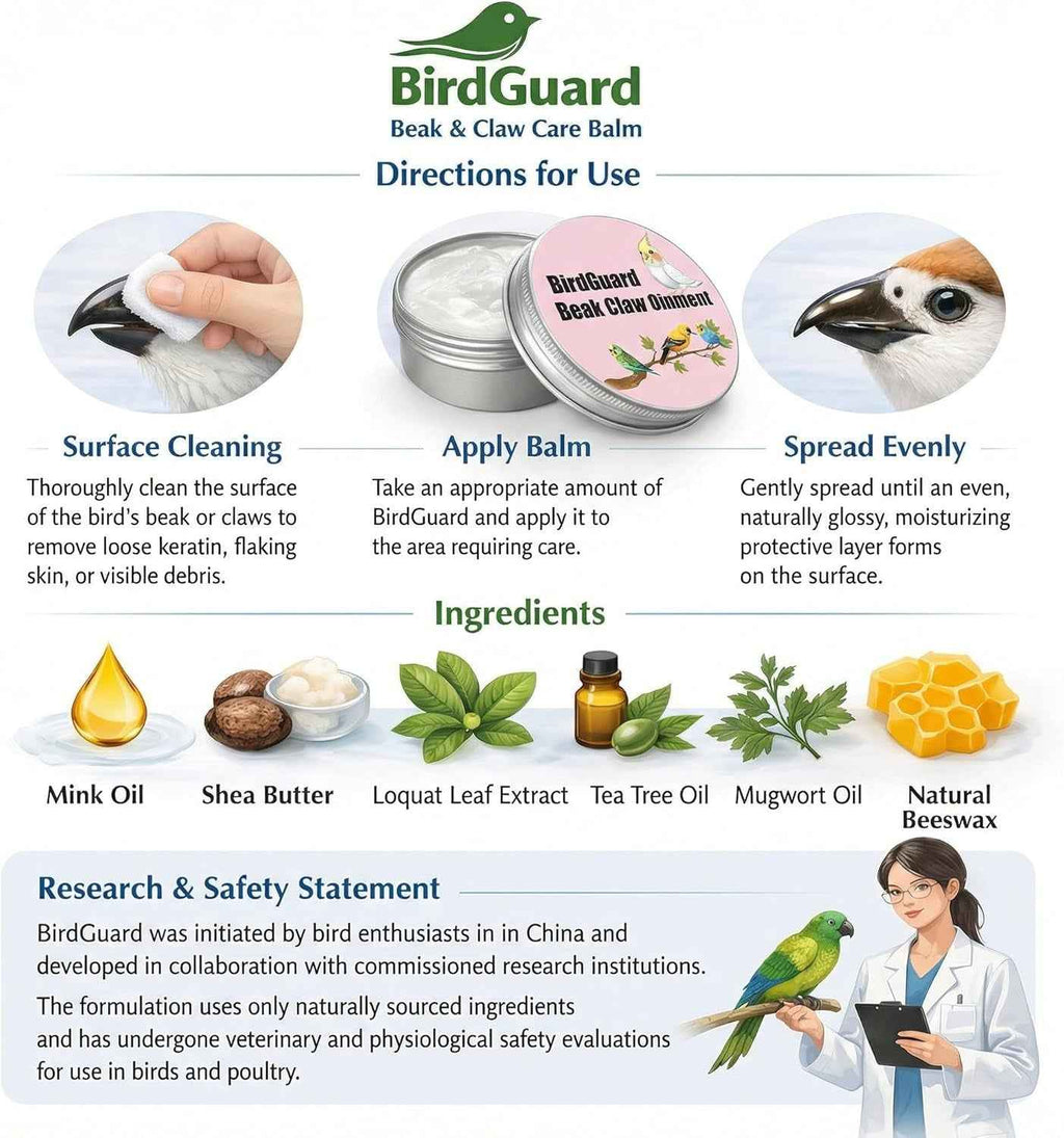 BirdGuard beak and claw care balm directions for use with ingredients listed.
