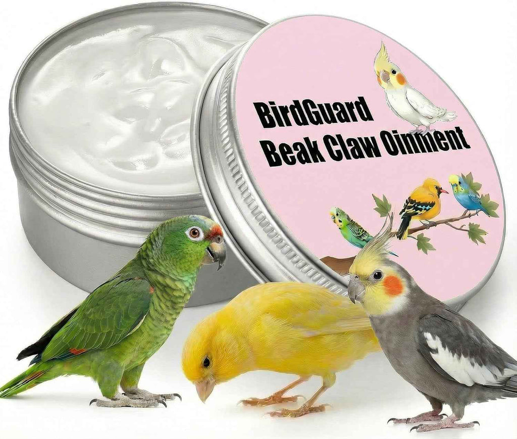 BirdGuard Beak Claw Ointment container with birds around on a white background
