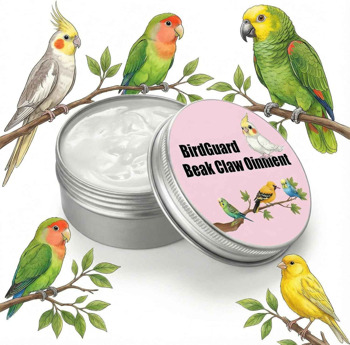 A round metal tin of BirdGuard Beak Claw Ointment with its pink lid leaning beside it, surrounded by illustrated birds perched on branches against a white background.