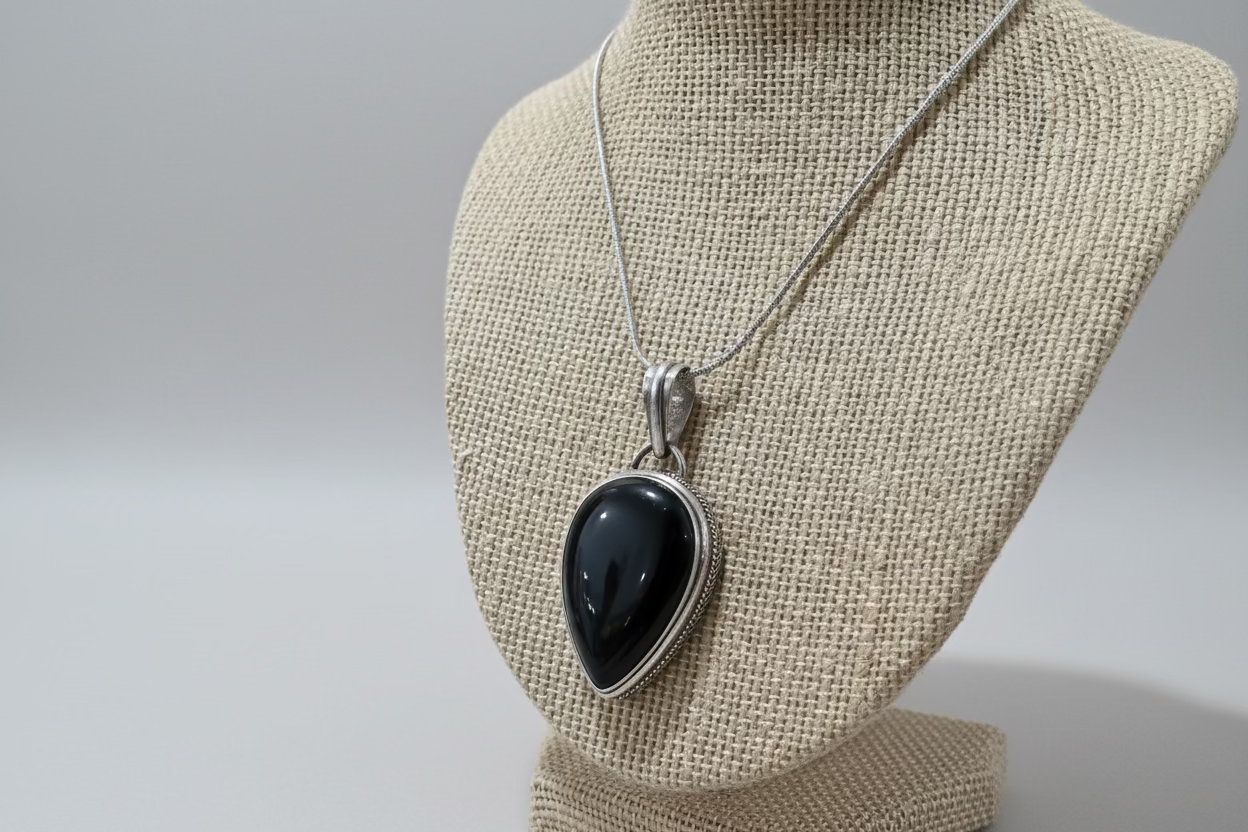 Black Onyx Teardrop Pendant – Genuine Gemstone | Silver-Tone Setting | Statement Jewelry