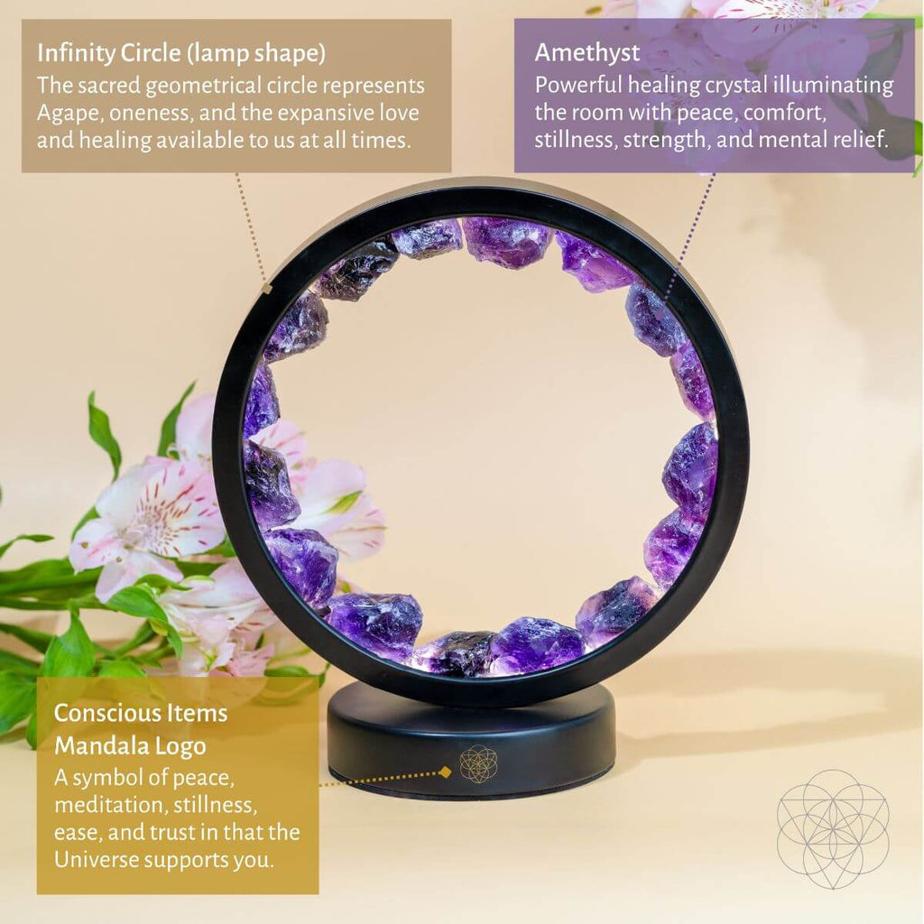 Black amethyst halo lamp infographic describing its circular shape, mandala logo, and healing claims.

