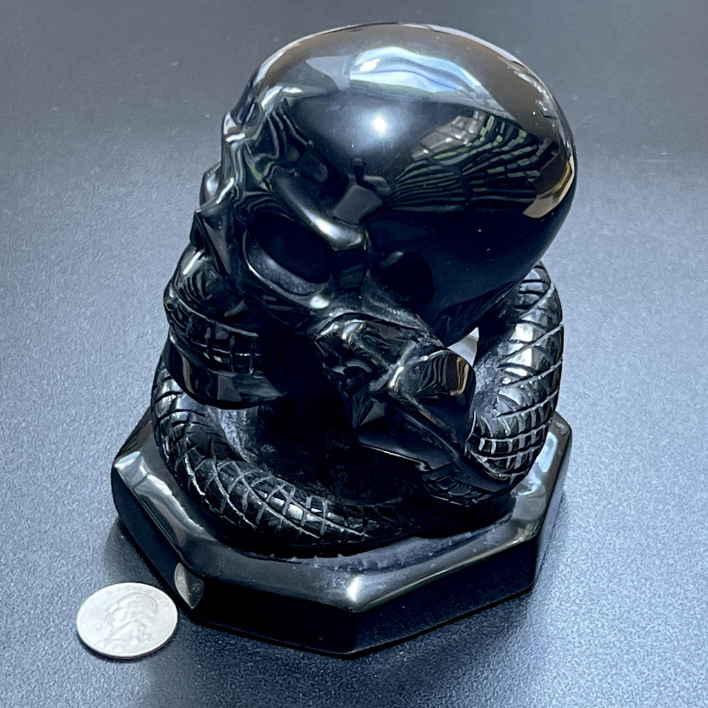 Black obsidian skull and coiled snake sculpture on a dark surface with a quarter beside the base for scale