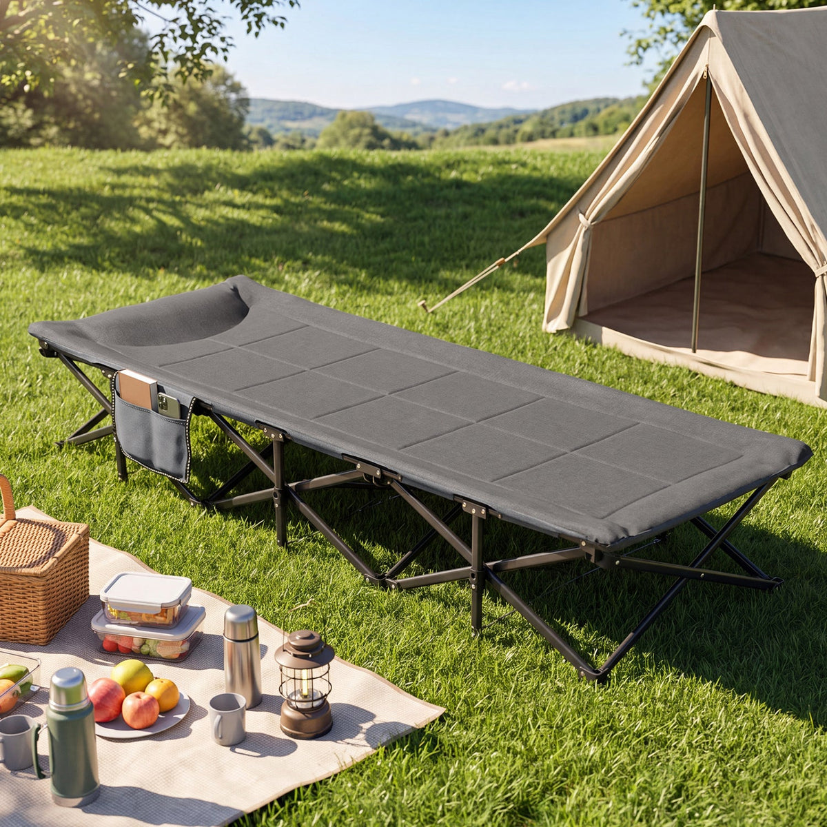 Camping Cot with Cotton-Padded Headrest & Side Storage Pouch