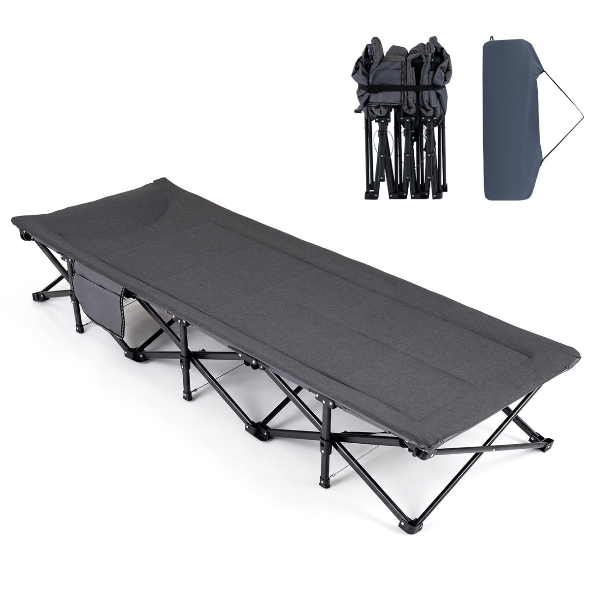 Camping Cot with Cotton-Padded Headrest & Side Storage Pouch