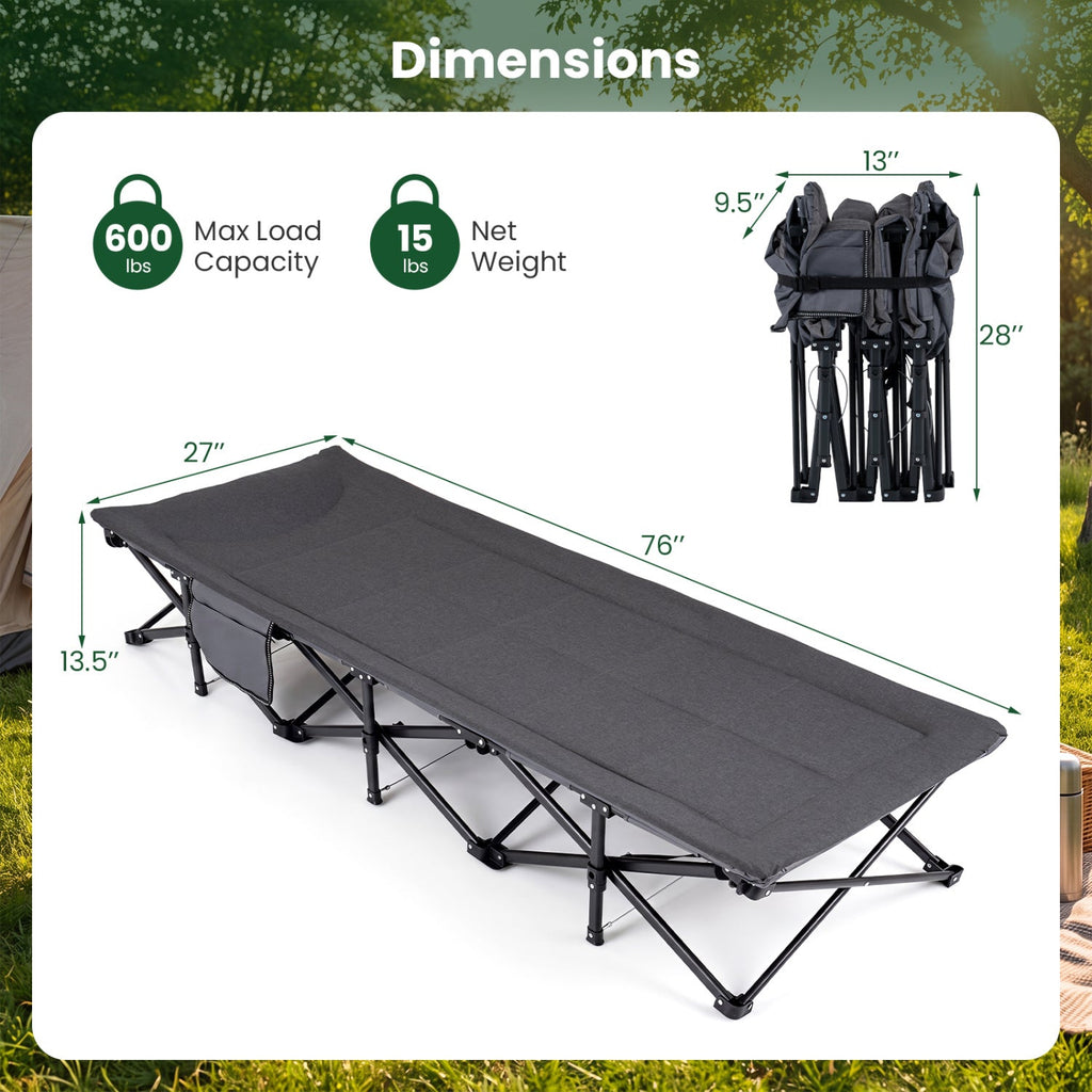 Camping Cot with Cotton-Padded Headrest & Side Storage Pouch