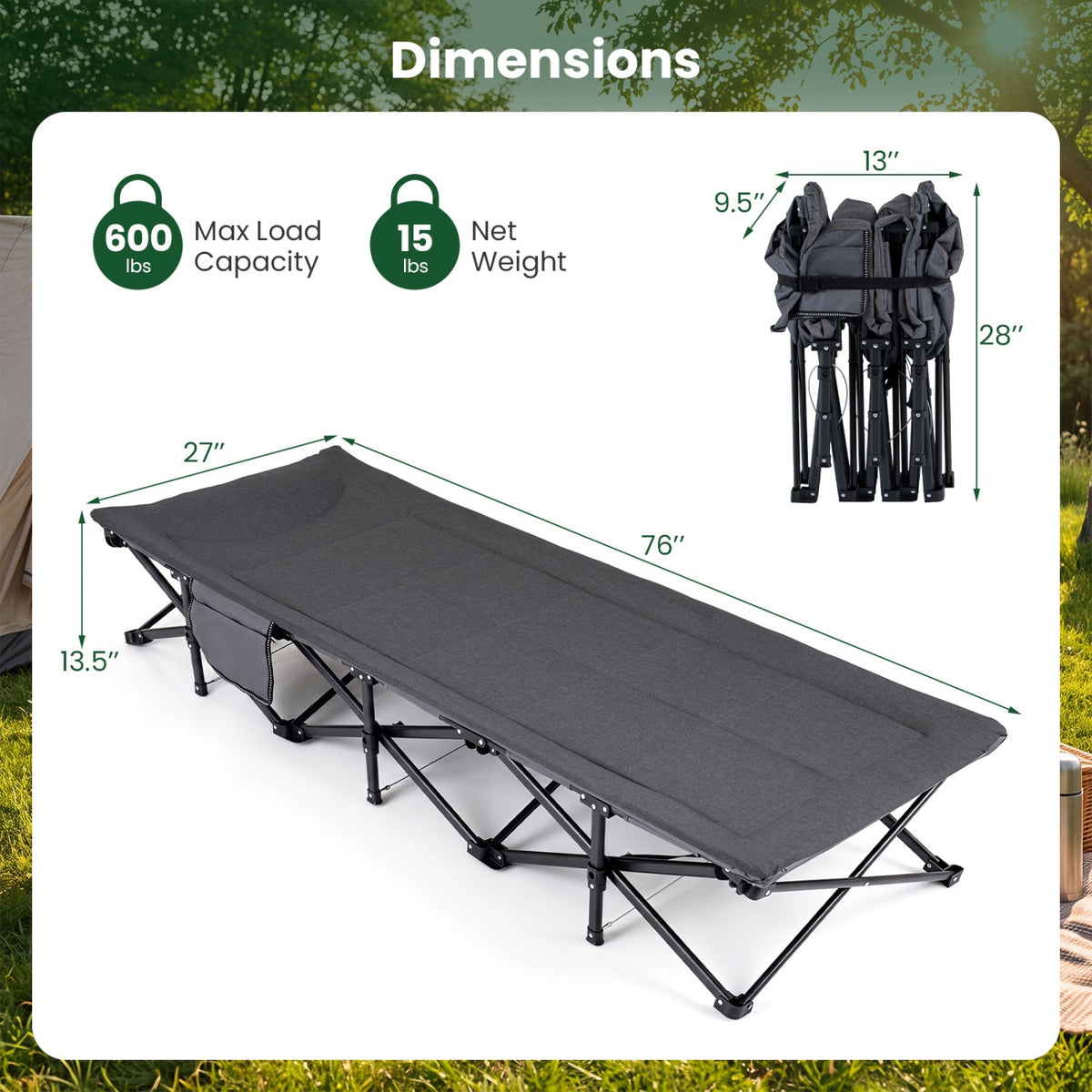 Camping Cot with Cotton-Padded Headrest & Side Storage Pouch
