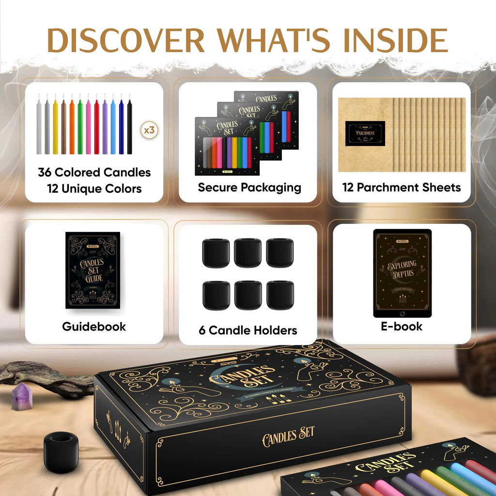 Candle set packaging with colored candles, candle holders, guidebook, and e-book on a wooden surface.