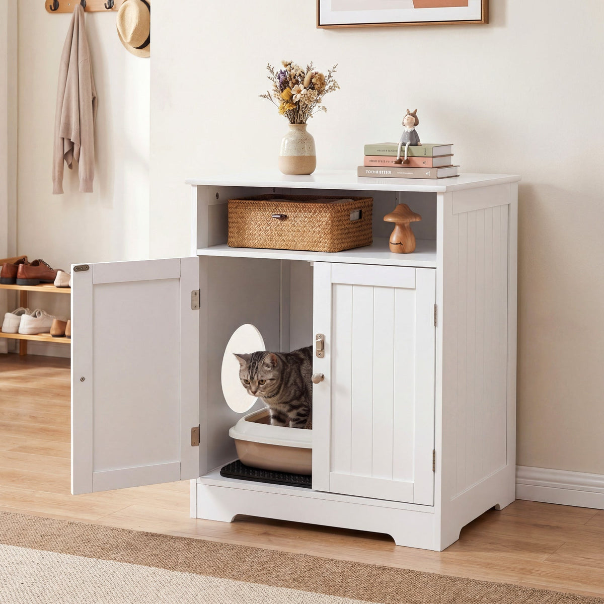 Hidden Cat Litter Box Enclosure Cabinet with Open Shelf