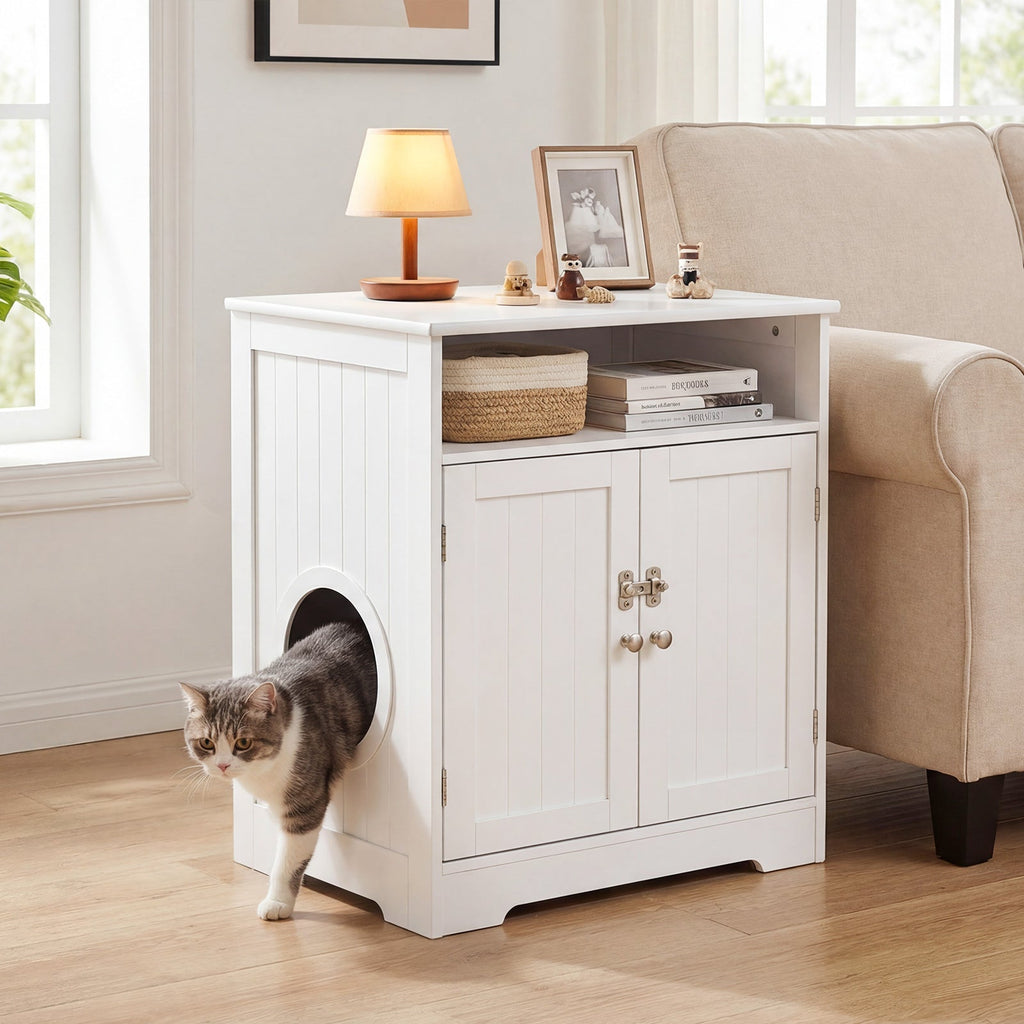 Hidden Cat Litter Box Enclosure Cabinet with Open Shelf