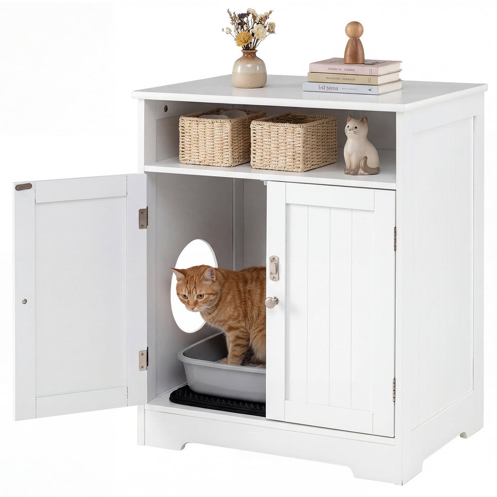 Hidden Cat Litter Box Enclosure Cabinet with Open Shelf