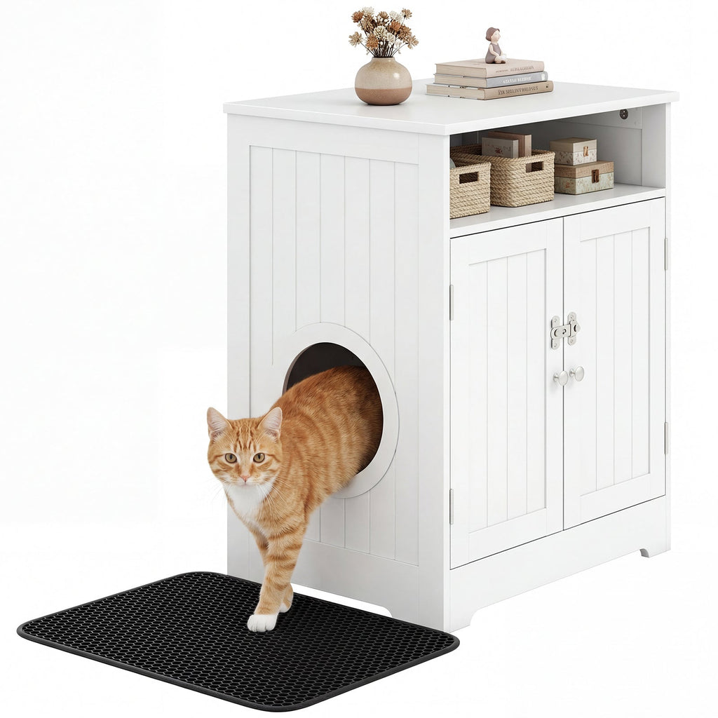 Hidden Cat Litter Box Enclosure Cabinet with Open Shelf