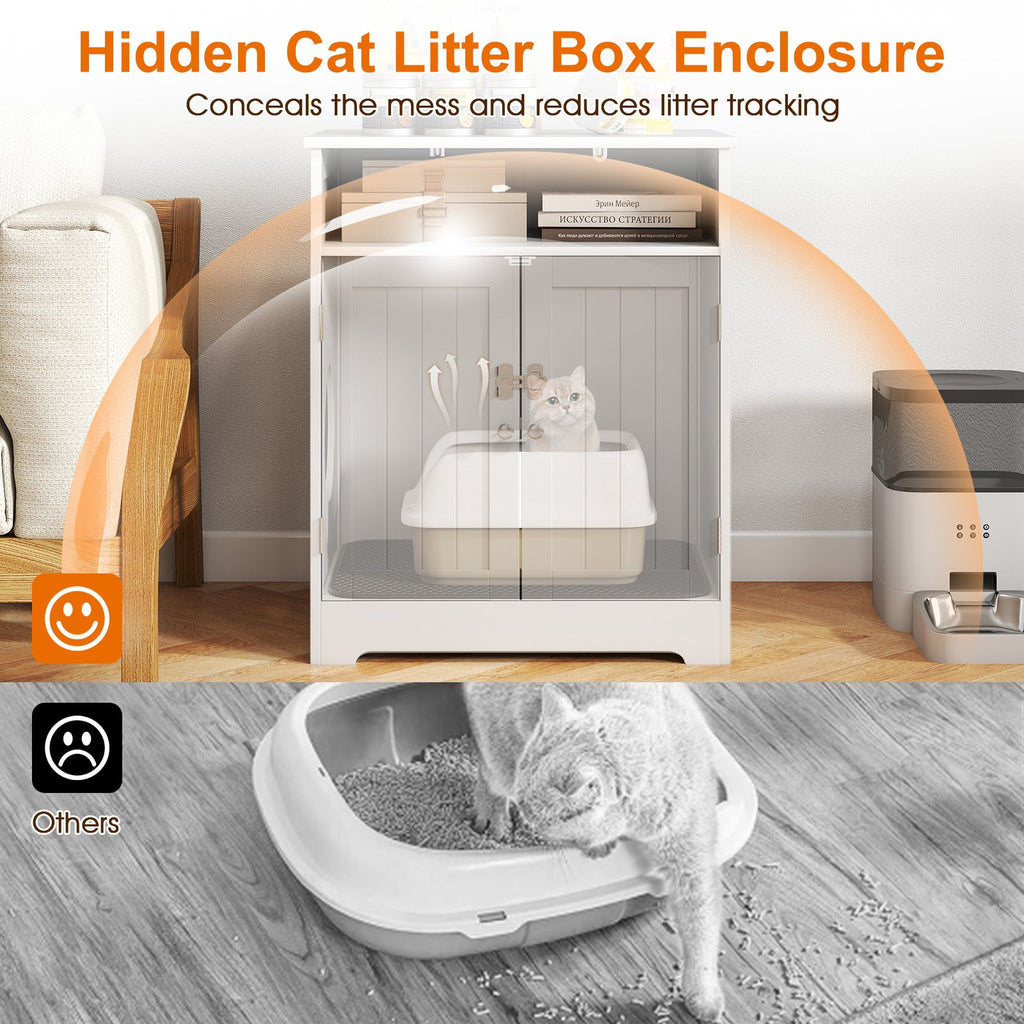 Hidden Cat Litter Box Enclosure Cabinet with Open Shelf