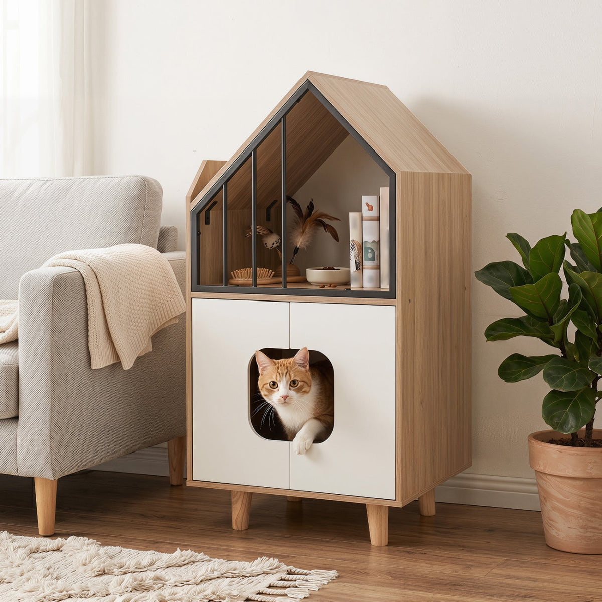House-Shaped Cat Litter Box Enclosure