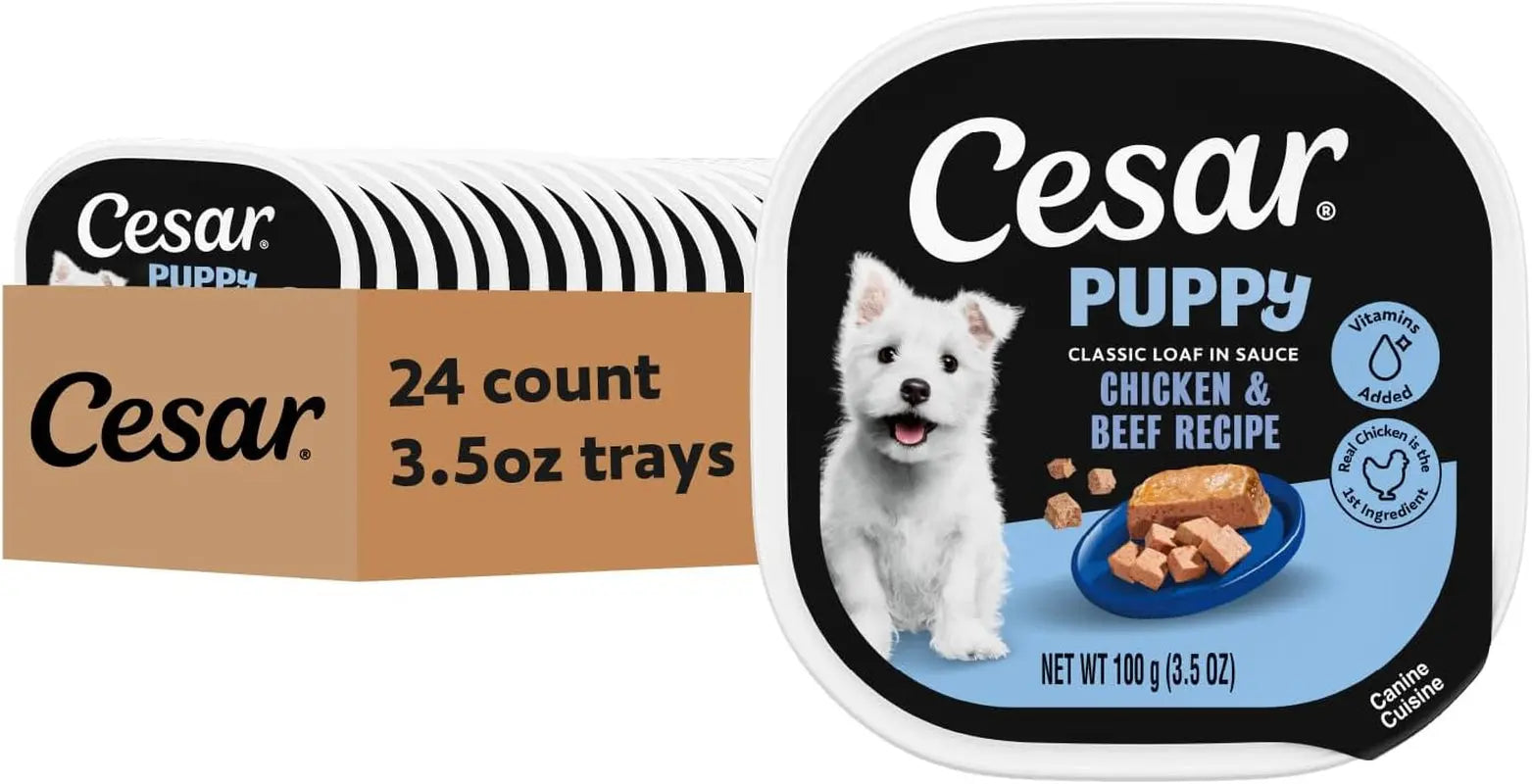 Cesar Puppy Classic Loaf in Sauce – Wet Dog Food for Puppies | Chicken, Beef & Variety Pack | 3.5 oz Trays, 24-Count
