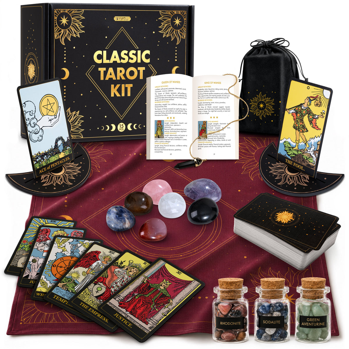 Classic Tarot Kit with cards, guidebook, burgundy cloth, stones, gemstone jars, pendulum, card holders, and storage bag.
