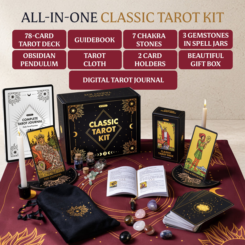 Classic Tarot Kit contents arranged on a burgundy cloth beside a tablet displaying the digital tarot journal.
