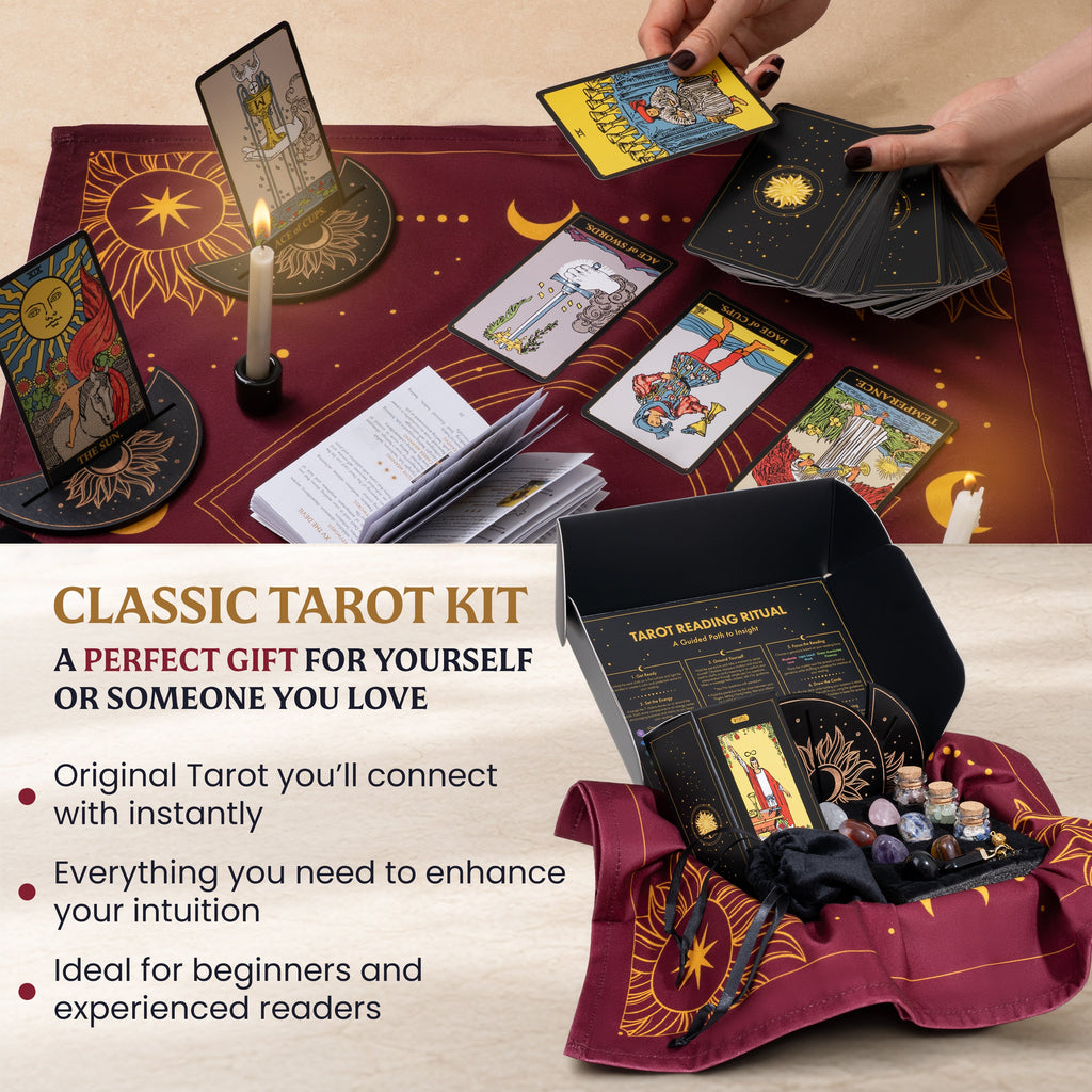 Person drawing a tarot card above a reading spread, with the Classic Tarot Kit packed in its open gift box below.
