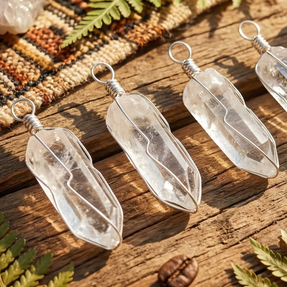 Clear crystal pendants with silver wire loops on a wooden surface with ferns and coffee beans.