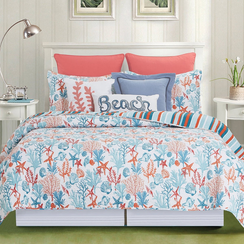 Tangerine Coast Coral Reef Quilt Bedspread Set | 100% Cotton | Reversible | Twin 2-Piece