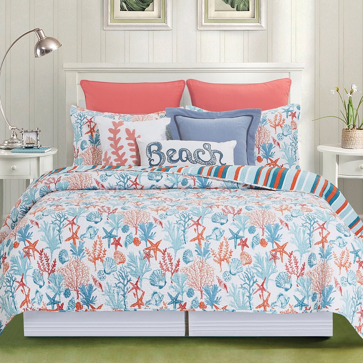 Tangerine Coast Coral Reef Quilt Bedspread Set | 100% Cotton | Reversible | Twin 2-Piece