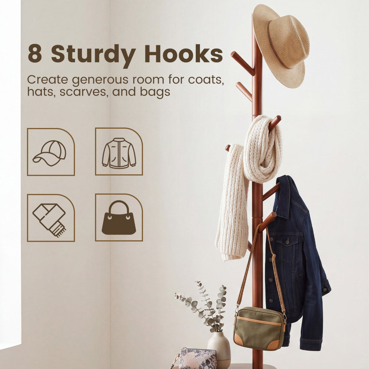 Walnut Rubber Wood Coat Rack