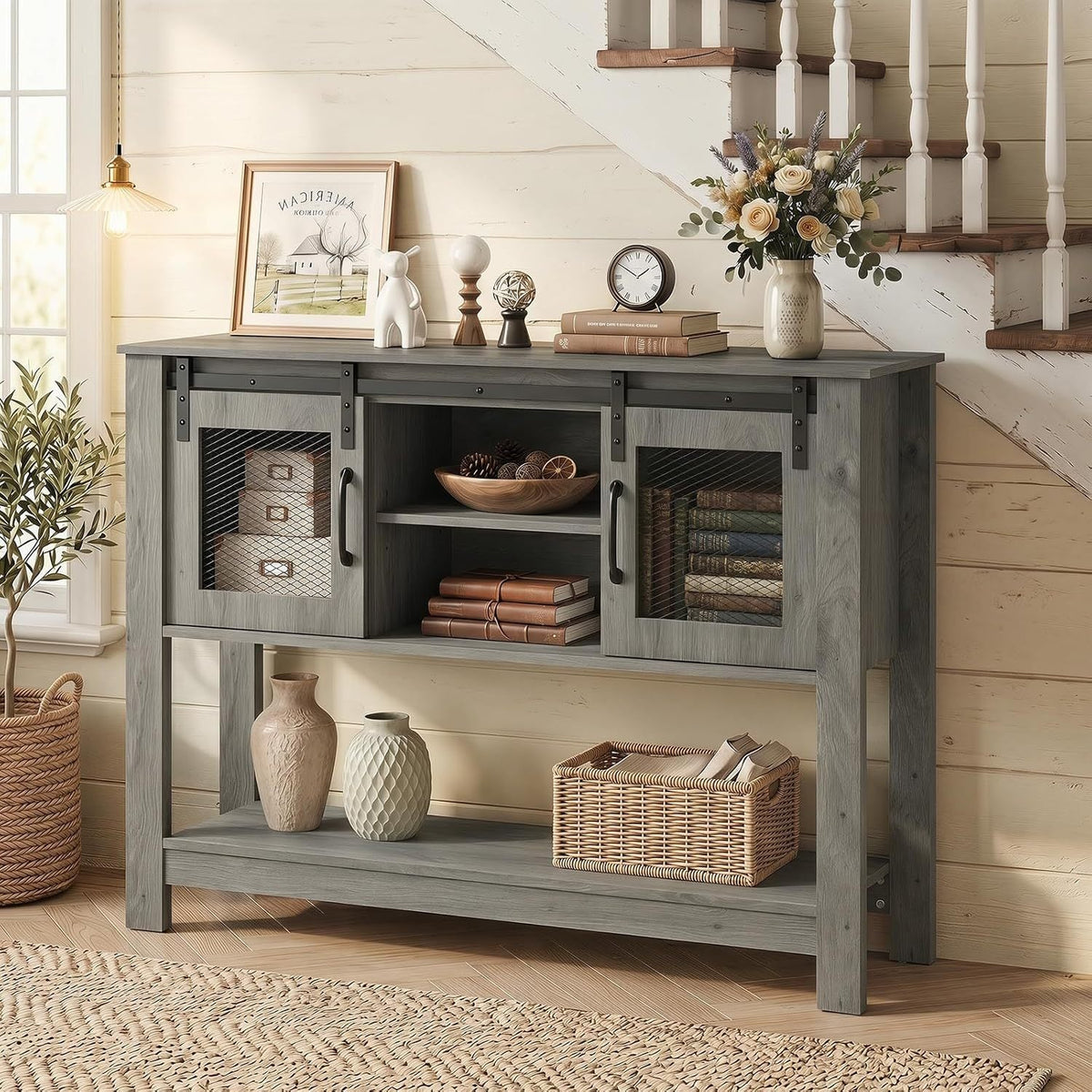 Farmhouse Console Table with 2 Sliding Barn Doors