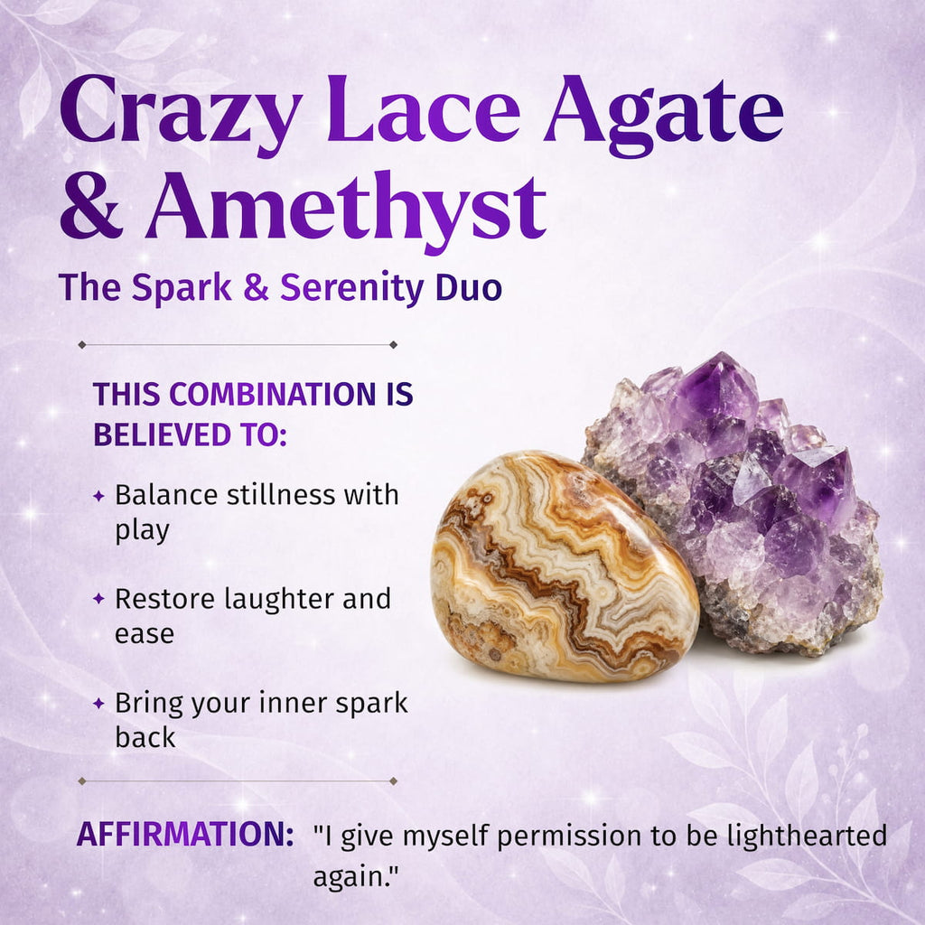 A promotional graphic for a crystal set featuring a polished Crazy Lace Agate stone and a purple amethyst cluster on a lavender background with decorative text and affirmation copy.