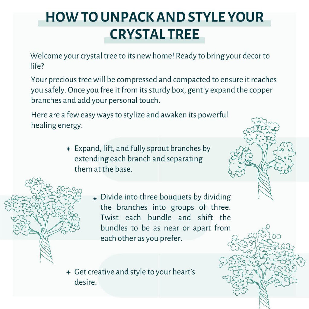 Crystal tree unpacking guide with diagrams for spreading and grouping copper branches and a reference to healing energy.
