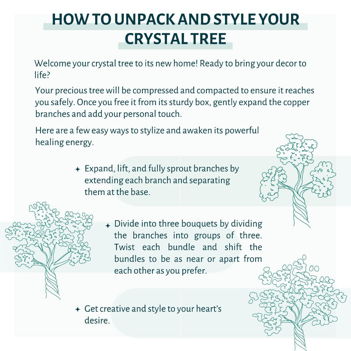 Crystal tree unpacking guide with diagrams for spreading and grouping copper branches and a reference to healing energy.
