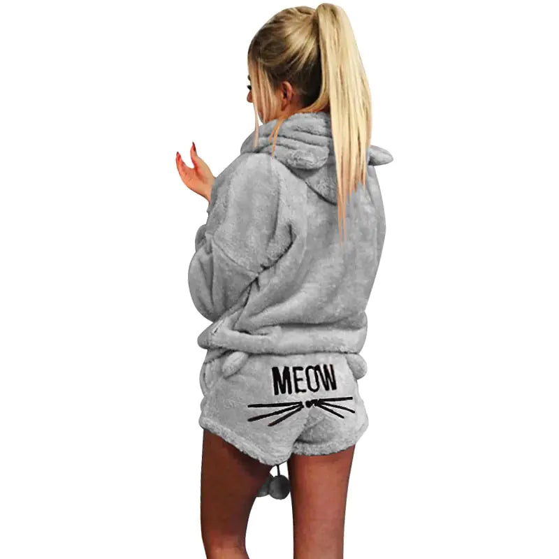 Women's Plush Hoodie & Shorts Pajama Loungewear Set