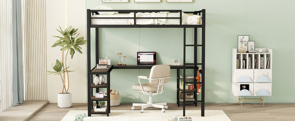 Full Metal Loft Bed with Desk, Shelves & Ladder