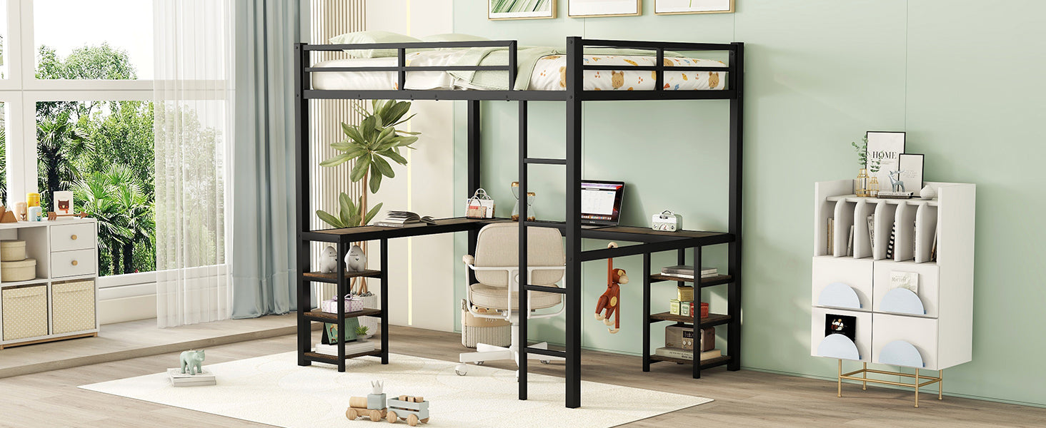 Full Metal Loft Bed with Desk, Shelves & Ladder – Full Size Space-Saving Bedroom Bed Frame