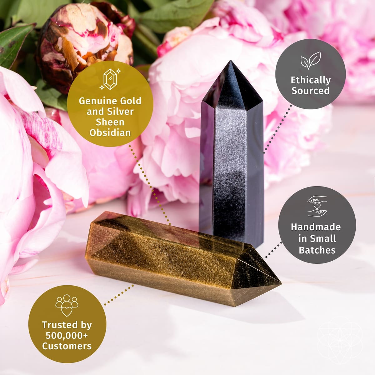 Gold and silver sheen obsidian points with supplier callouts for material, sourcing, small-batch making, and customers.
