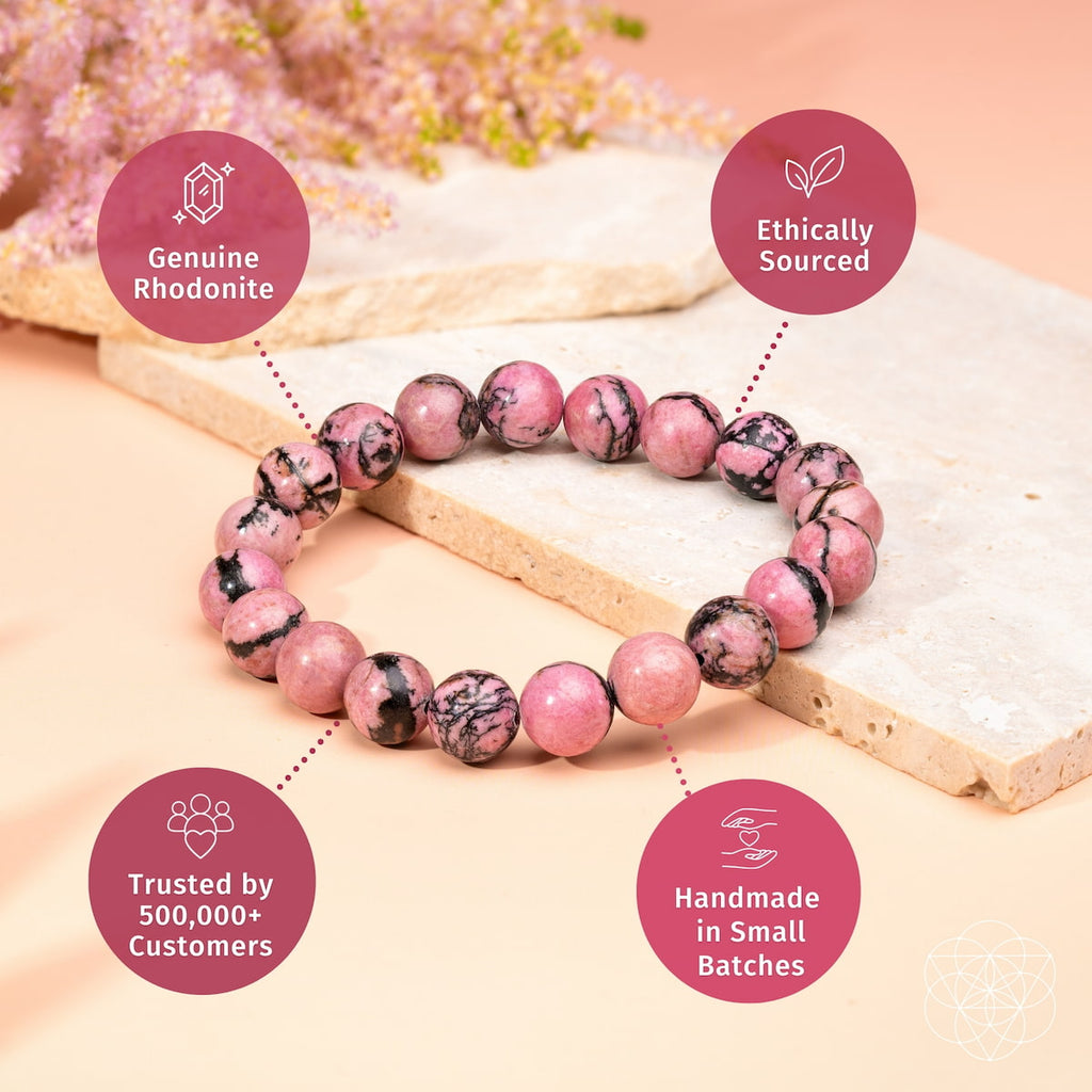Rhodonite bracelet on cream stone slabs with supplier material, sourcing, craftsmanship, and customer callouts.
