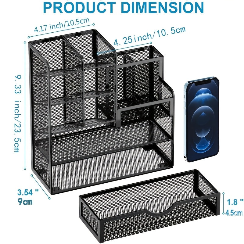 Multi-Layer Iron Mesh Desk Organizer – Large Capacity Desktop Storage for Office, School & Home