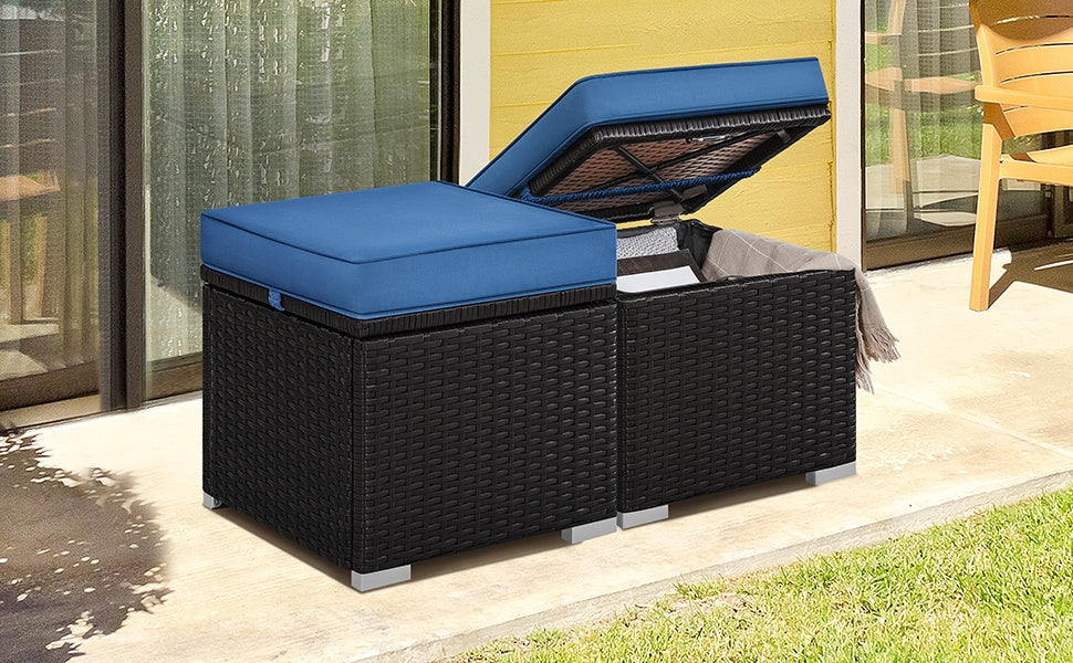2-Piece Outdoor Rattan Storage Ottoman Set with Cushions