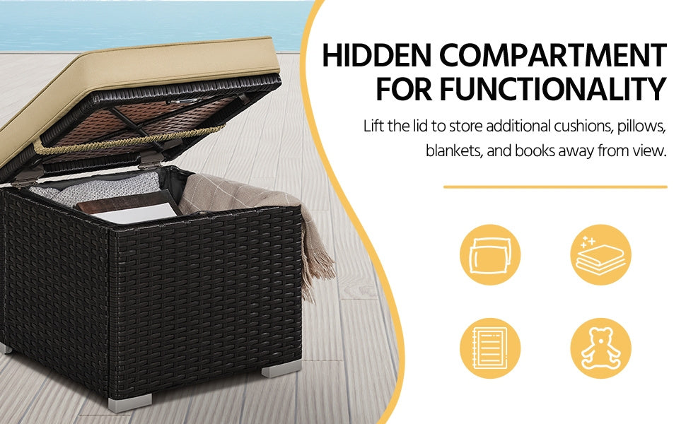2-Piece Outdoor Rattan Storage Ottoman Set with Cushions