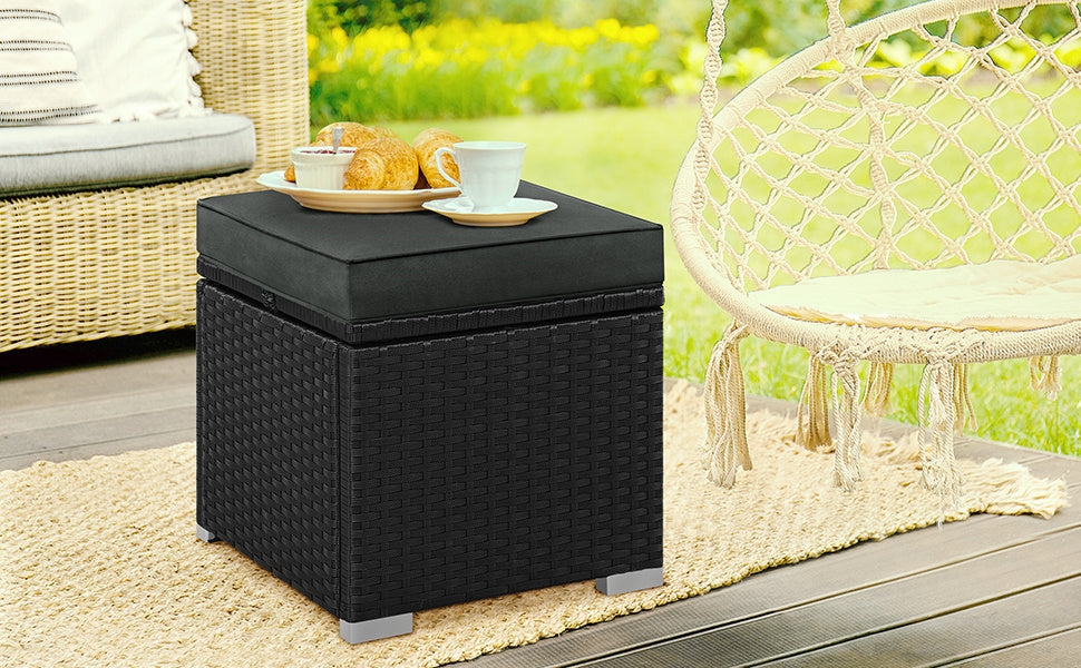 2-Piece Outdoor Rattan Storage Ottoman Set with Cushions
