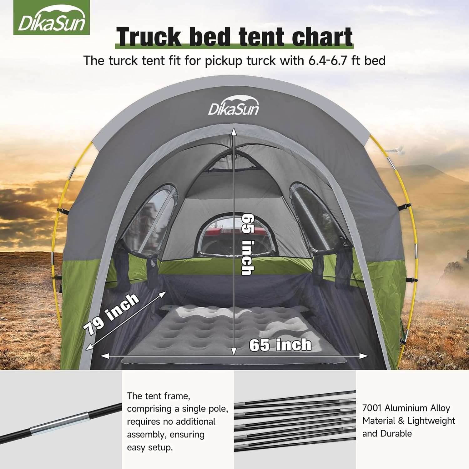 Dikasun 5.5–6.7ft Pickup Truck Bed Tent with Awning – Green