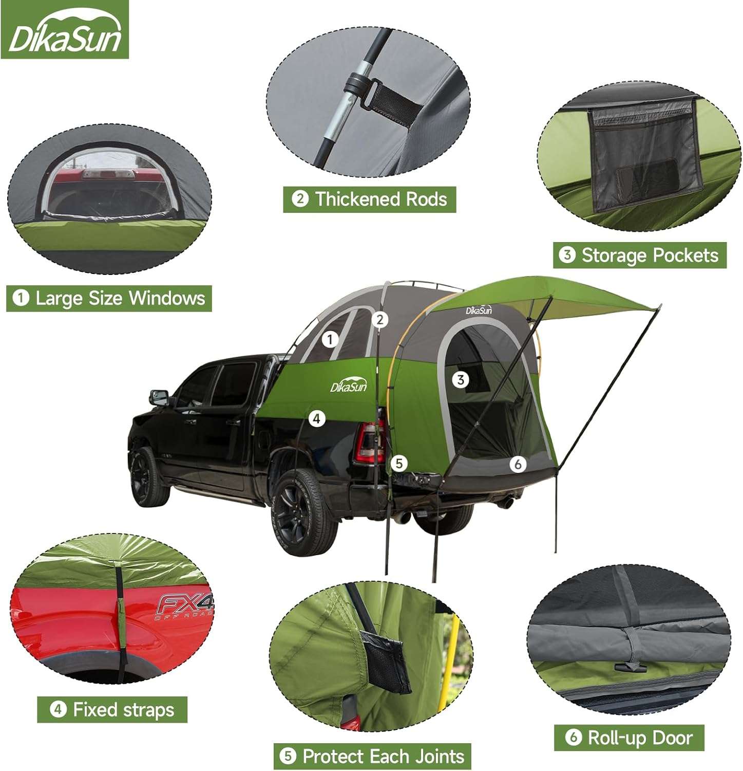 Dikasun 5.5–6.7ft Pickup Truck Bed Tent with Awning – Green