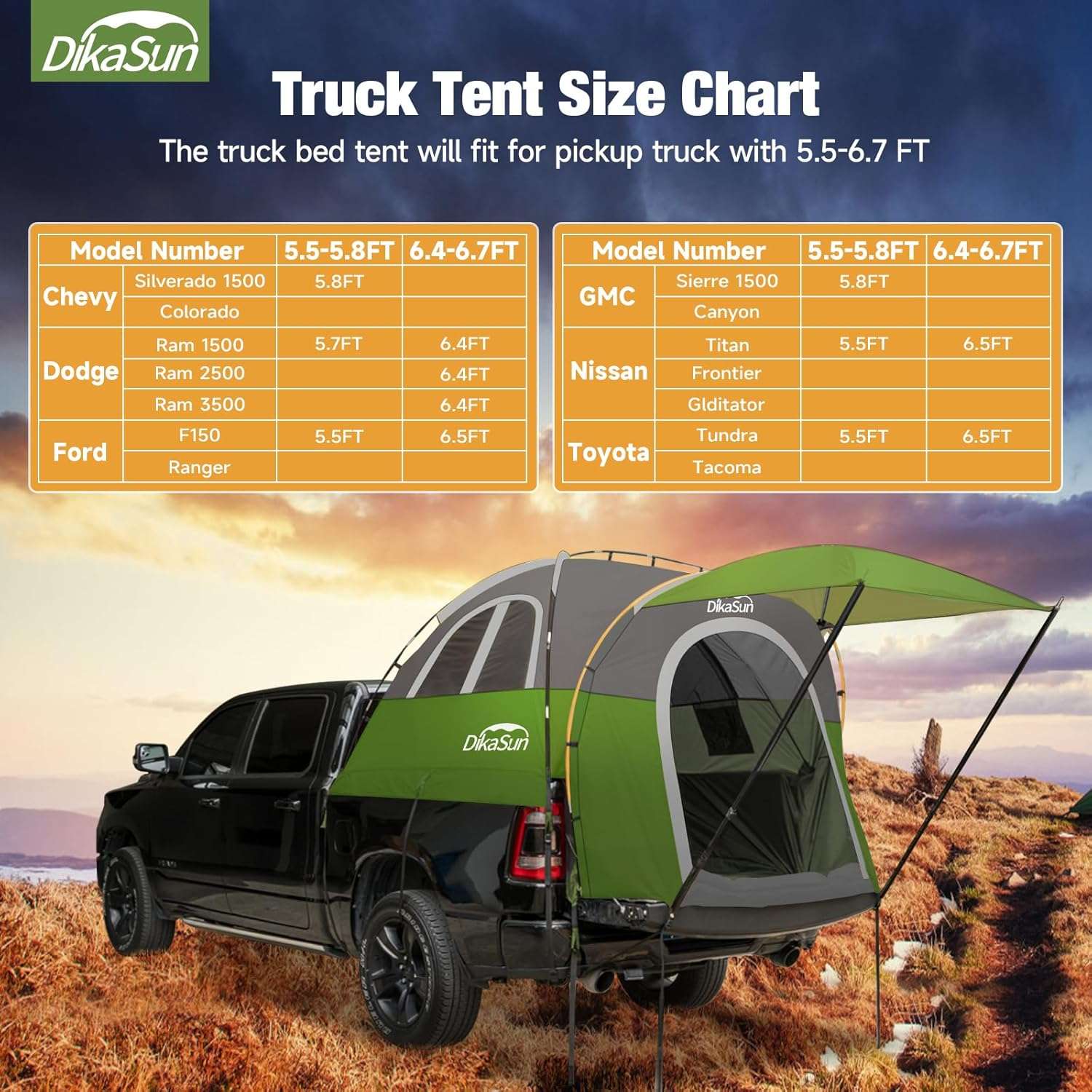Dikasun 5.5–6.7ft Pickup Truck Bed Tent with Awning – Green