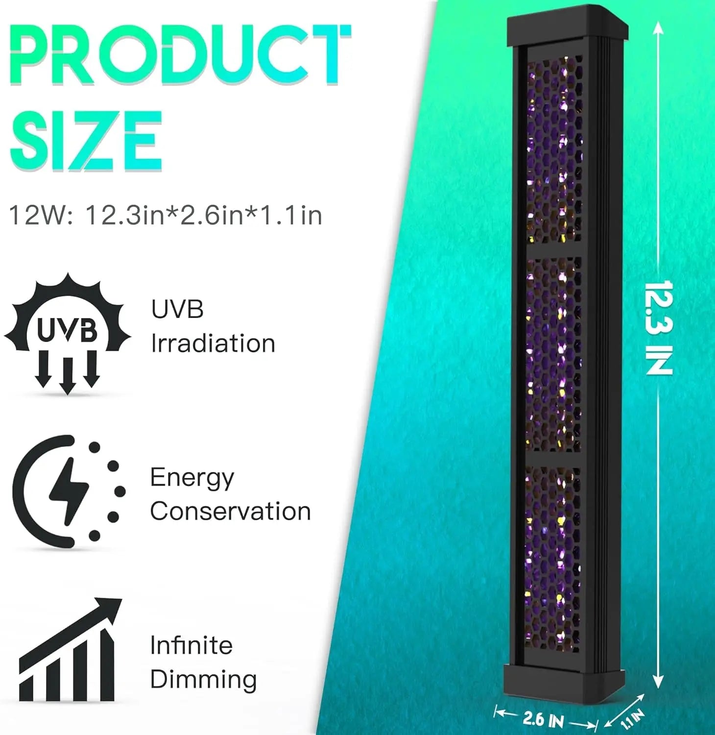 Dimmable LED Reptile UVB Lamp – 12W, 8000-Hour UVB Module | 4 Brightness Levels & Auto Timer | 5", 8" & 12" Sizes