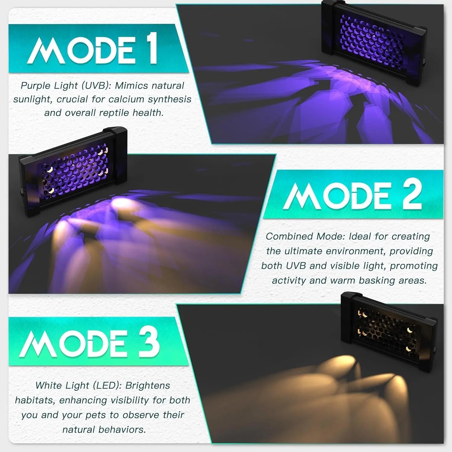 Dimmable LED Reptile UVB Lamp – 12W, 8000-Hour UVB Module | 4 Brightness Levels & Auto Timer | 5", 8" & 12" Sizes