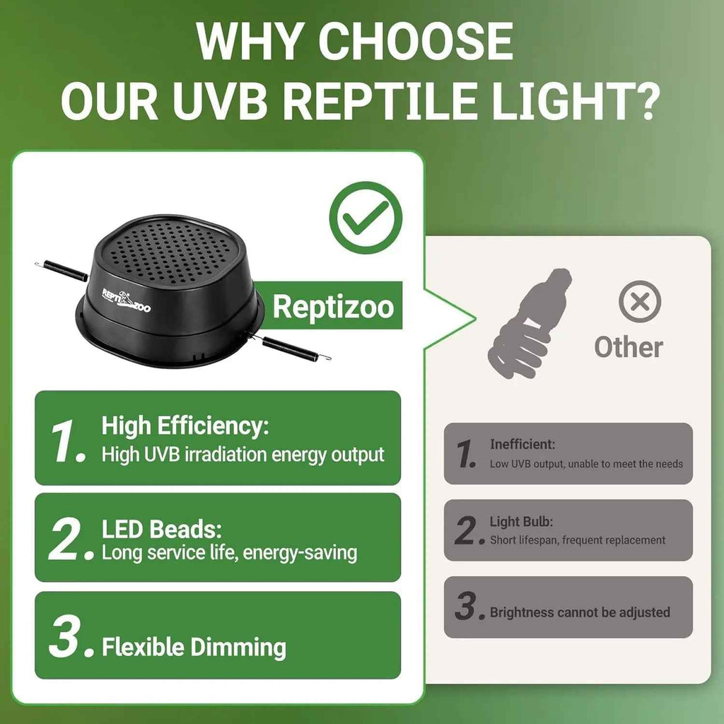 Promotional graphic for Reptizoo UVB reptile light with features highlighted on a green background.